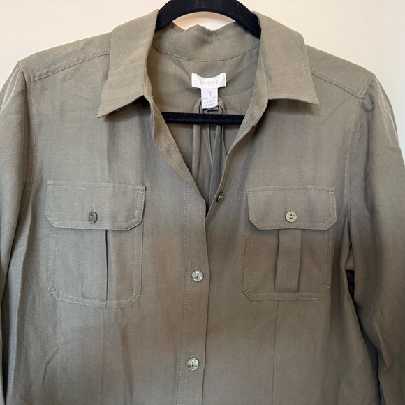 Chico’s Olive Green Utility Style Dress Silk/Cotton Blend in Size 1 - Picture 2 of 6